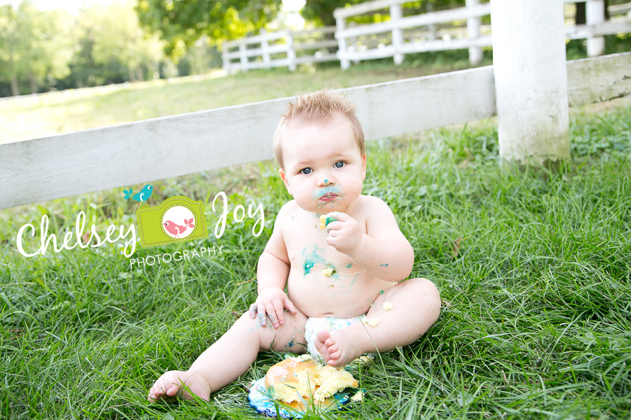 Jackson eats the last bit of cake that is left. 