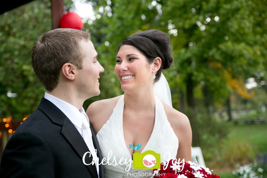 Bride looking at groom at Hopkins Park wedding. 