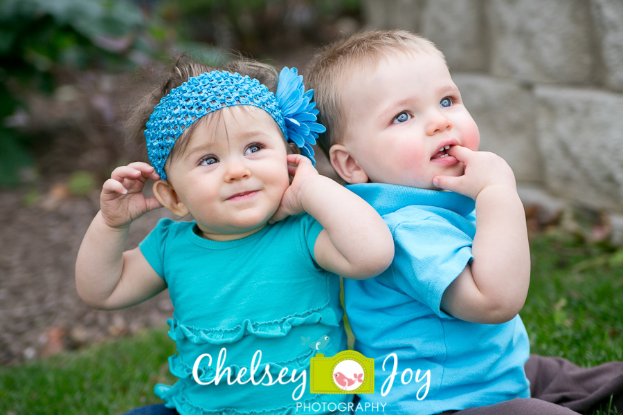 Scarlett and Jackson smile during their 1 year photo session in Barrington. 