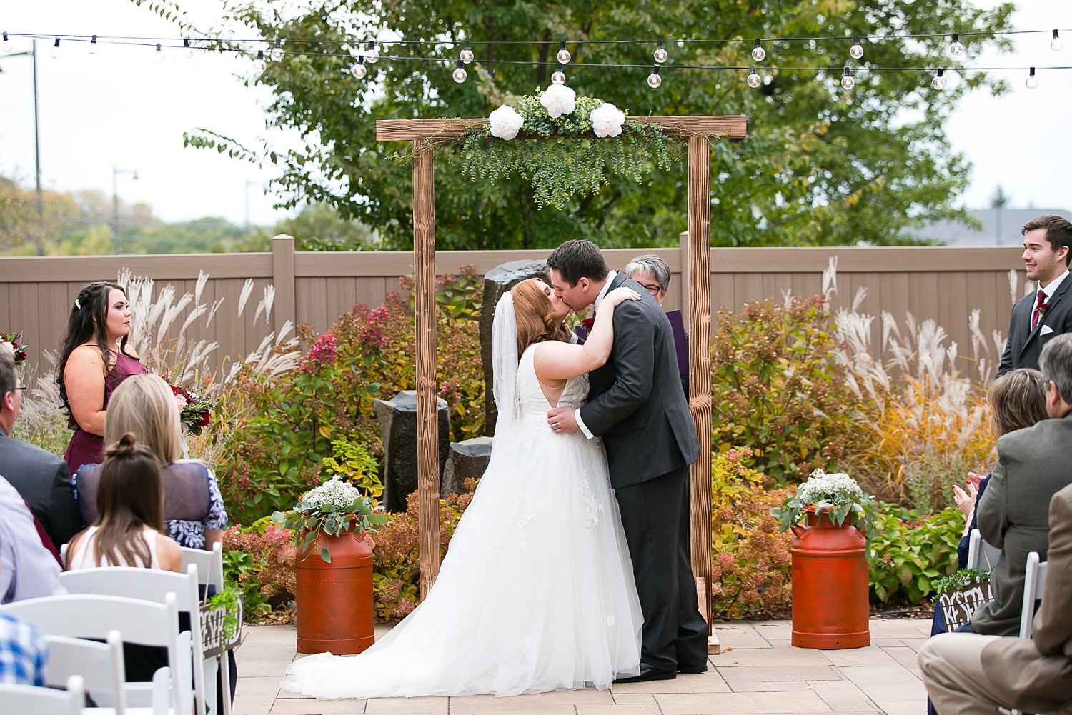 First kiss at Hoosier Grove Barn wedding