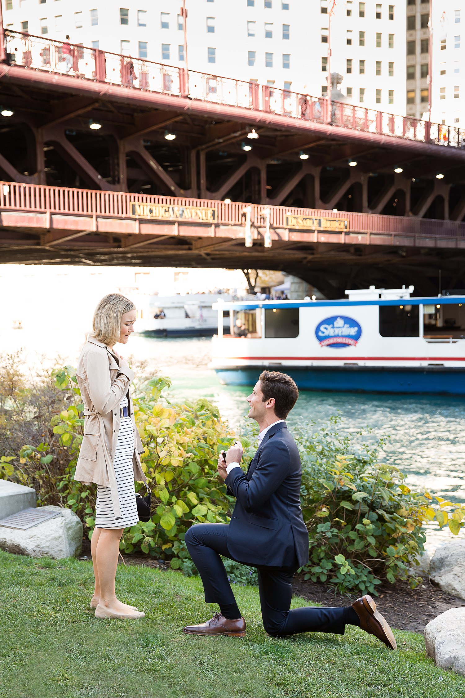 Chicago proposal photographers captured Evan proposing to Julia on the Chicago Riverwalk.