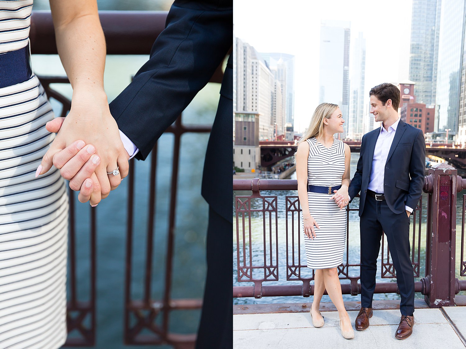 Couple stands on bridge by Chicago Riverwalk.