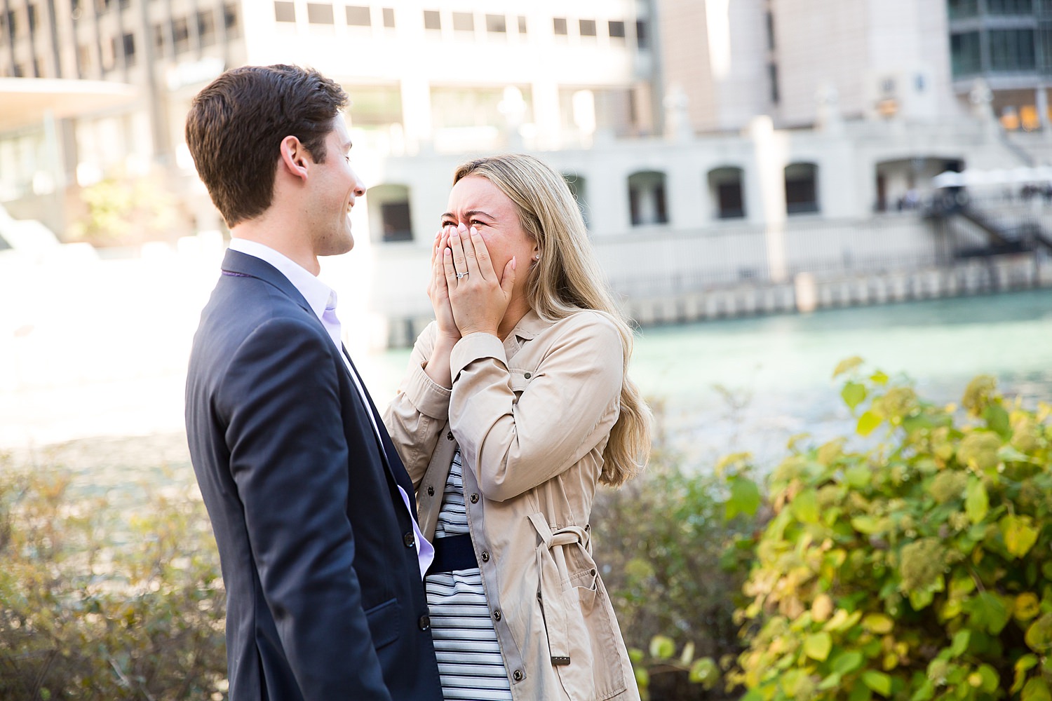 Julia cries after Evan proposes to her on the Chicago Riverwalk.