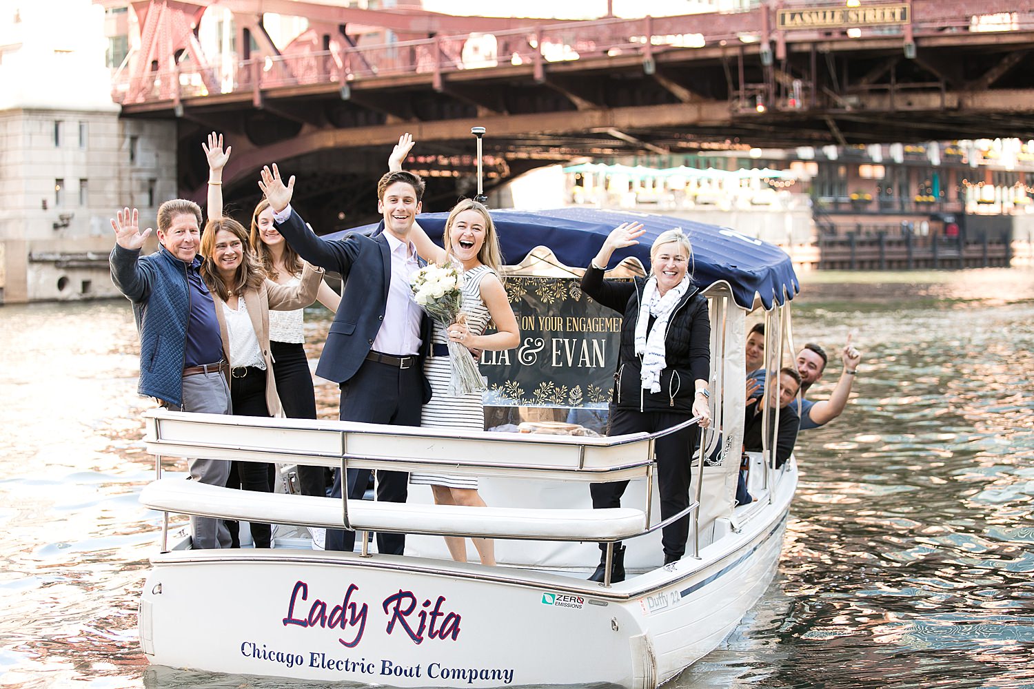 Couple goes on boat cruise to celebrate their proposal in Chicago.