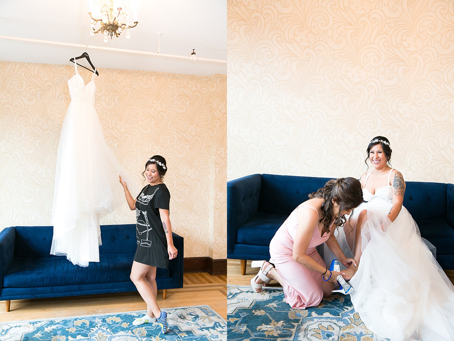 Bride puts on shoes at The Haight in Elgin.