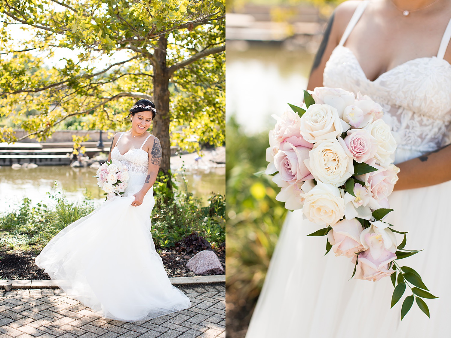 Monica holding bridal bouquet.