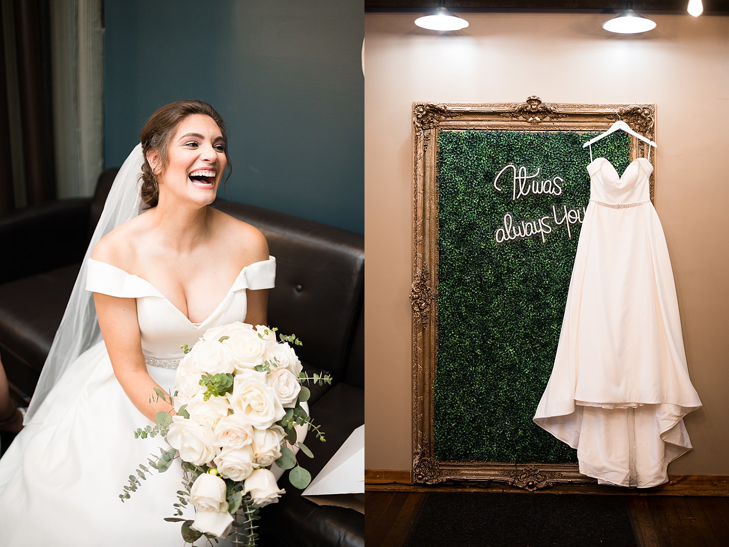 Bride laughs while holding bridal bouquet.