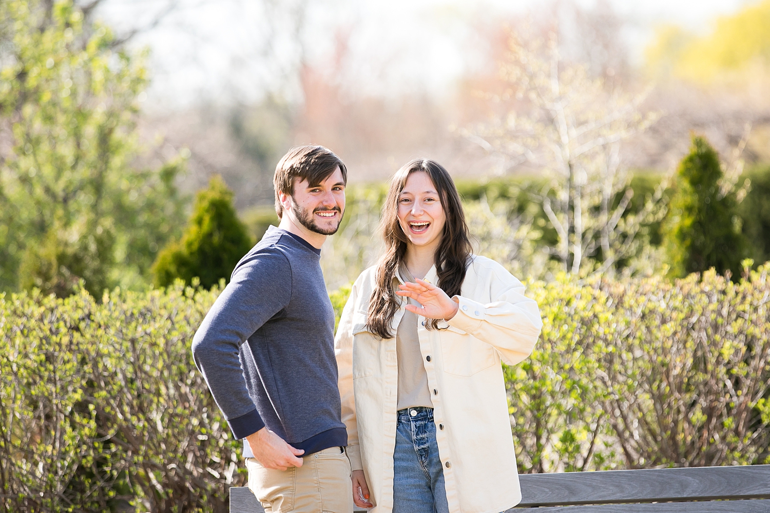 Couple celebrates after proposal at Chicago Botanic Garden