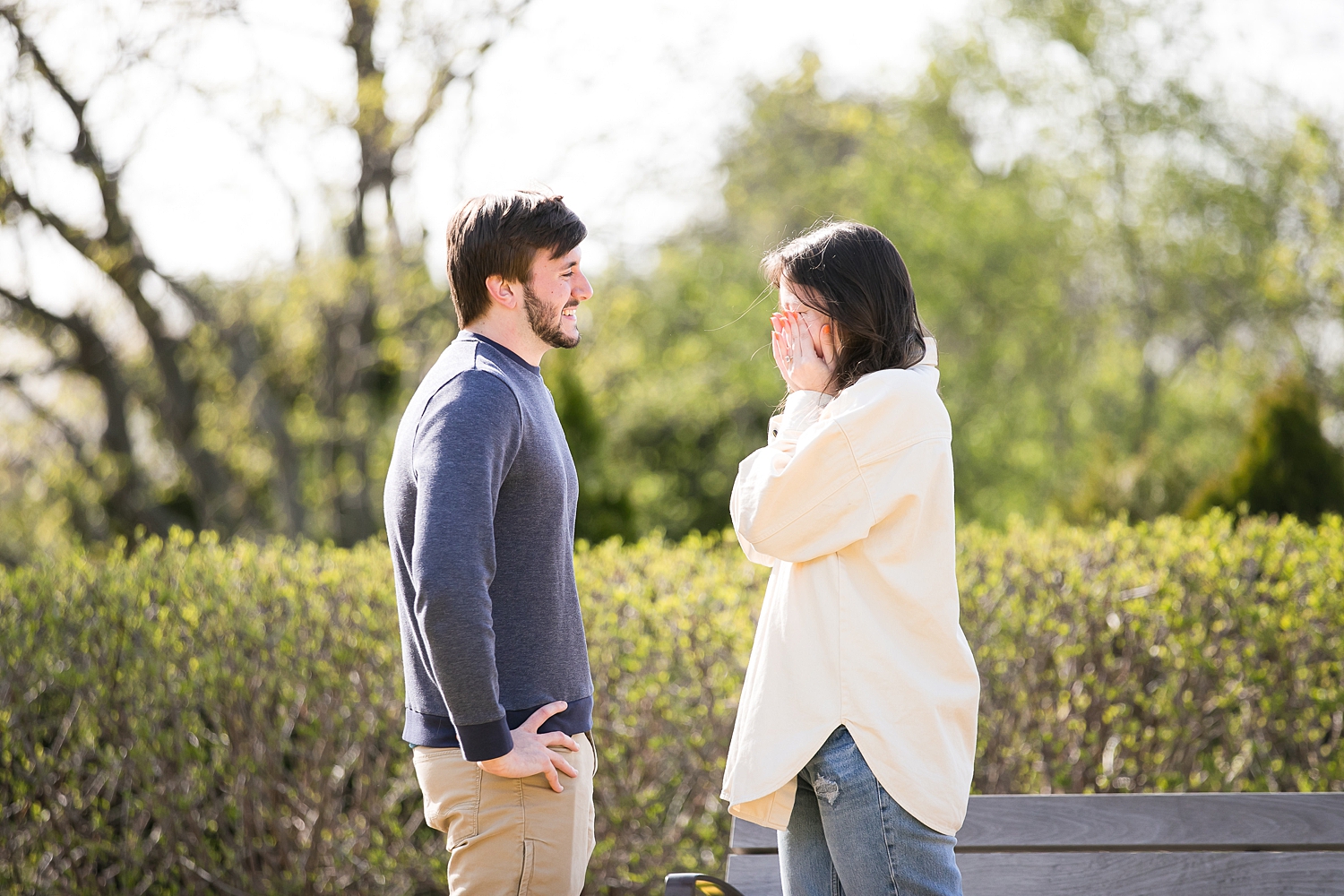 Couple celebrates after proposal at Chicago Botanic Garden