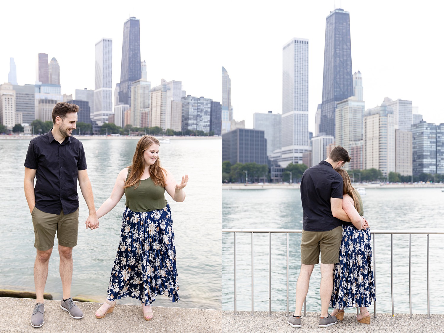 Couple's portraits by Chicago skyline.