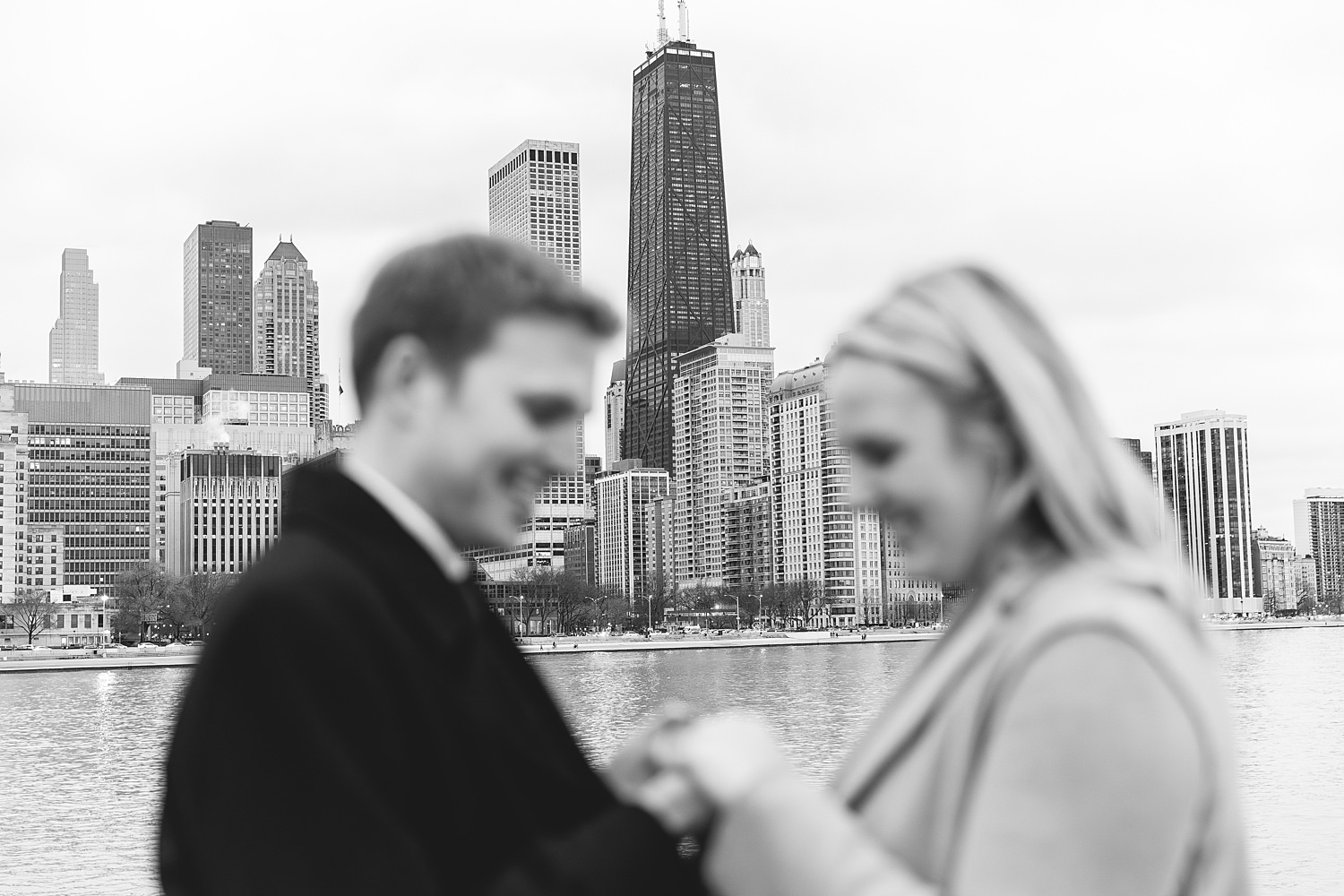 Engagement portrait with Chicago skyline.