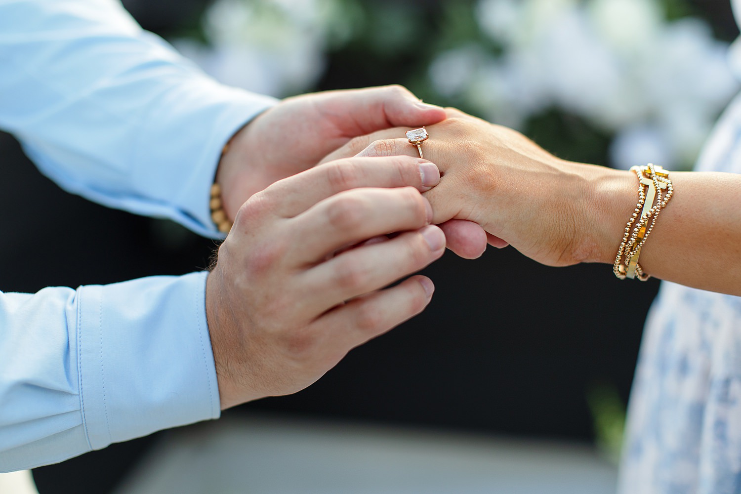 Close up of hand with engagement ring