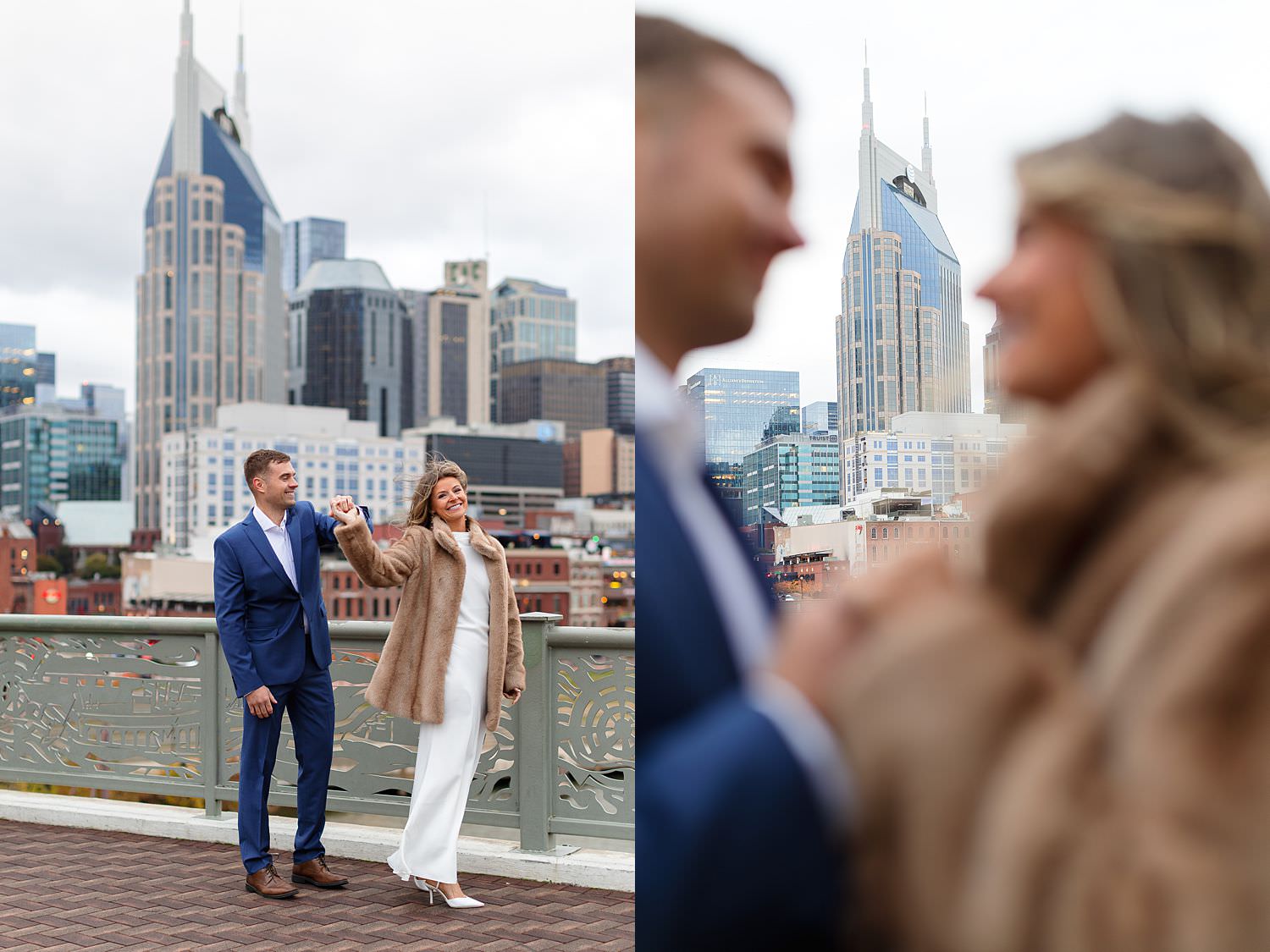 Engaged couple on Nashville Pedestrian Bridge.