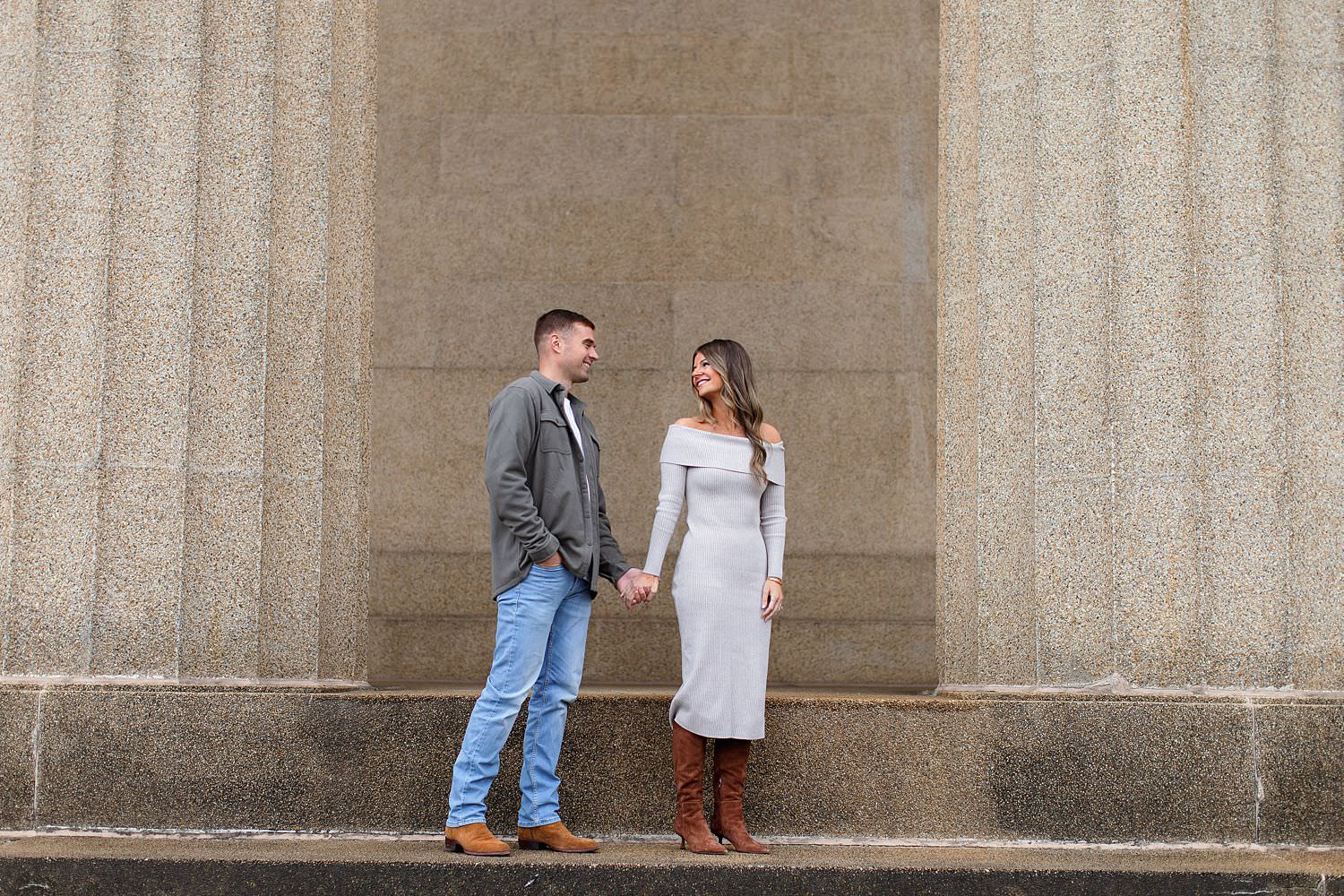Engaged couples on steps of Parthenon at Centennial Park.