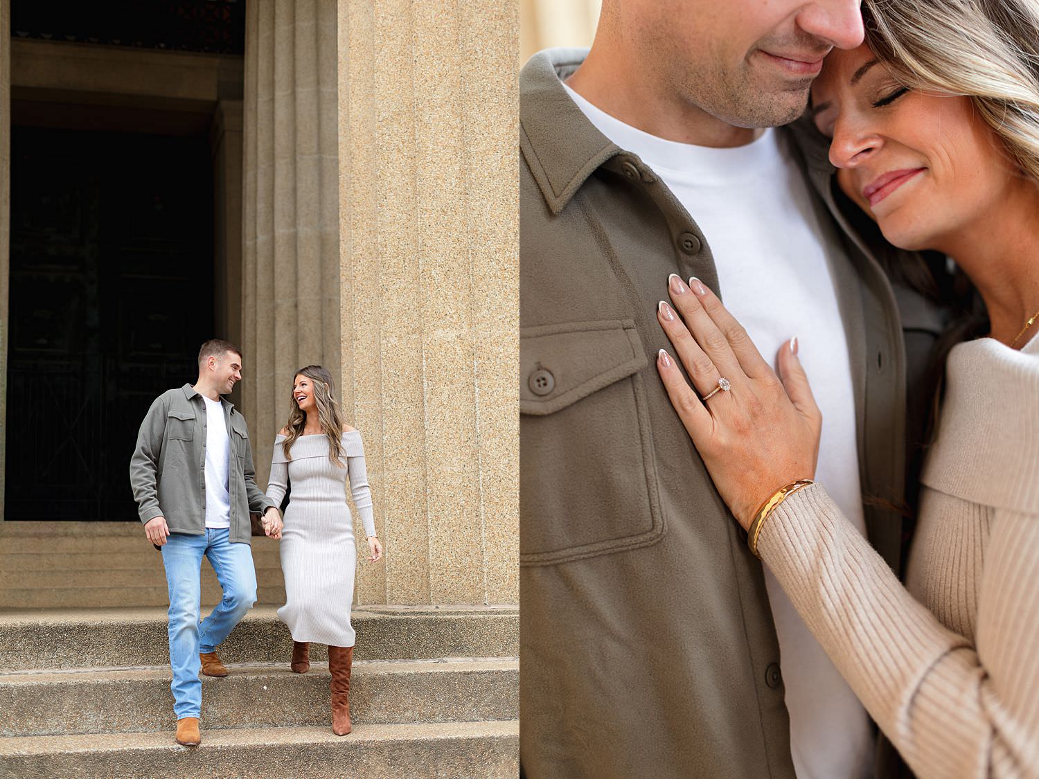 Engaged couple at Parthenon at Centennial Park in Nashville.