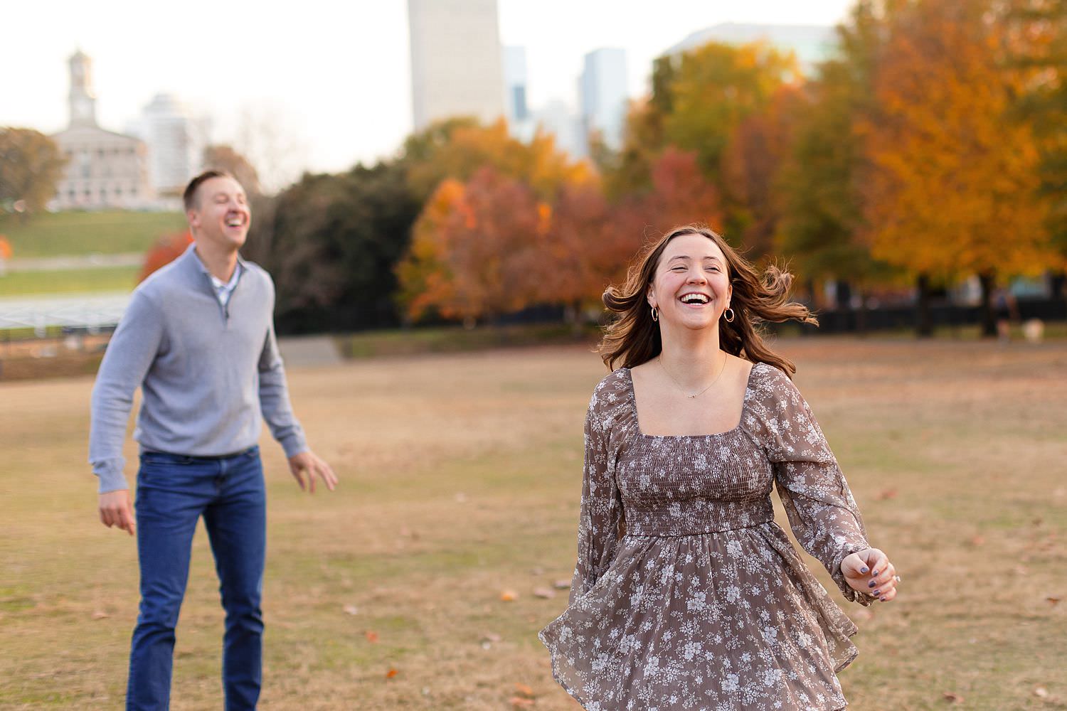 Engaged couple at Bicentennial Capitol Mall State Park in Nashville.