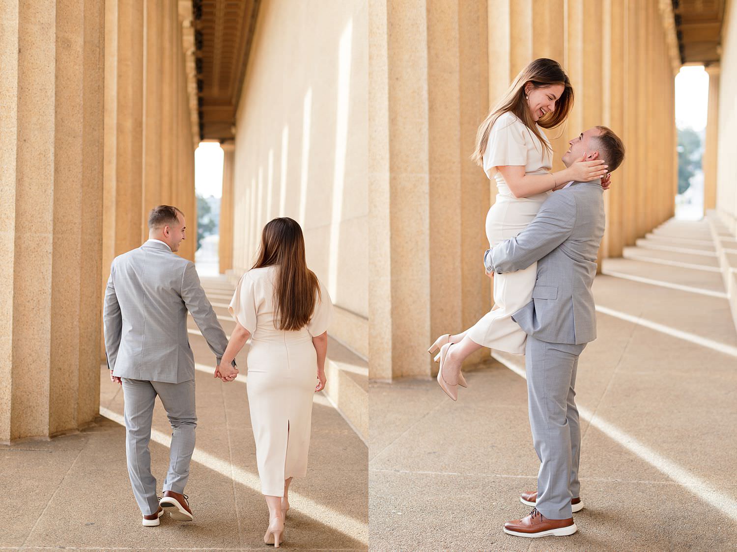 Couple takes engagement photos at Centennial Park in Nashville.