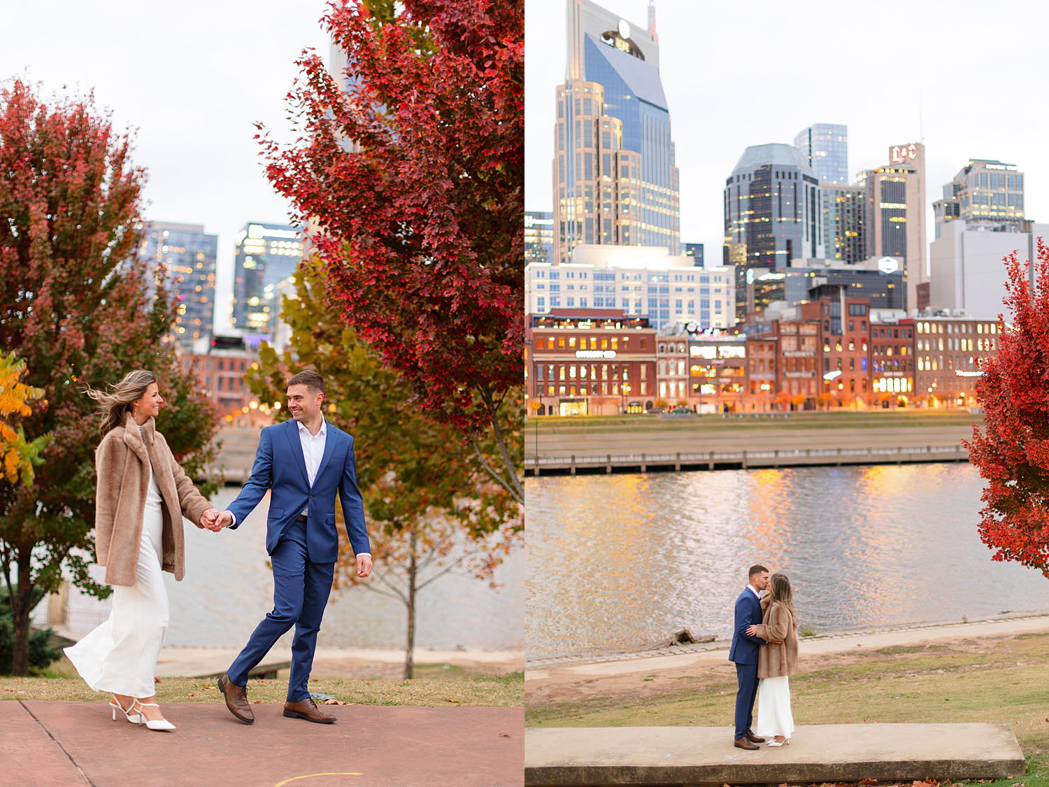 Downtown Nashville engagement session by Cumberland Park at sunset.