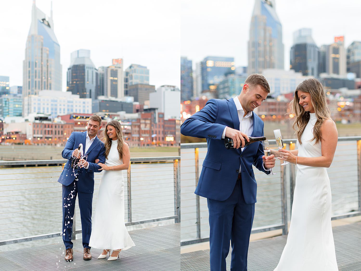 Nashville engagement photographer capturing couple celebrating with champagne downtown.