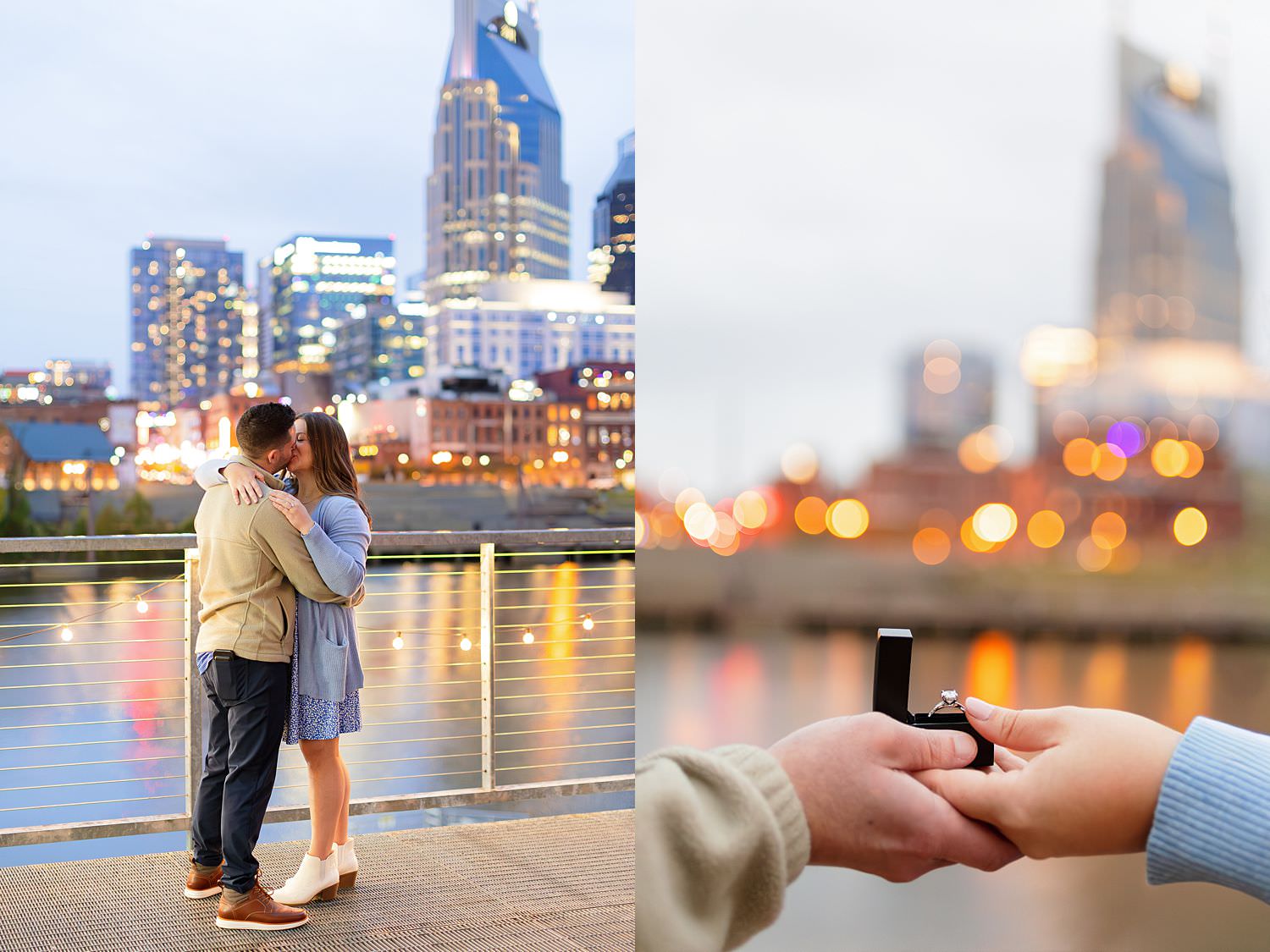 Couple kissing with Nashville skyline in background.